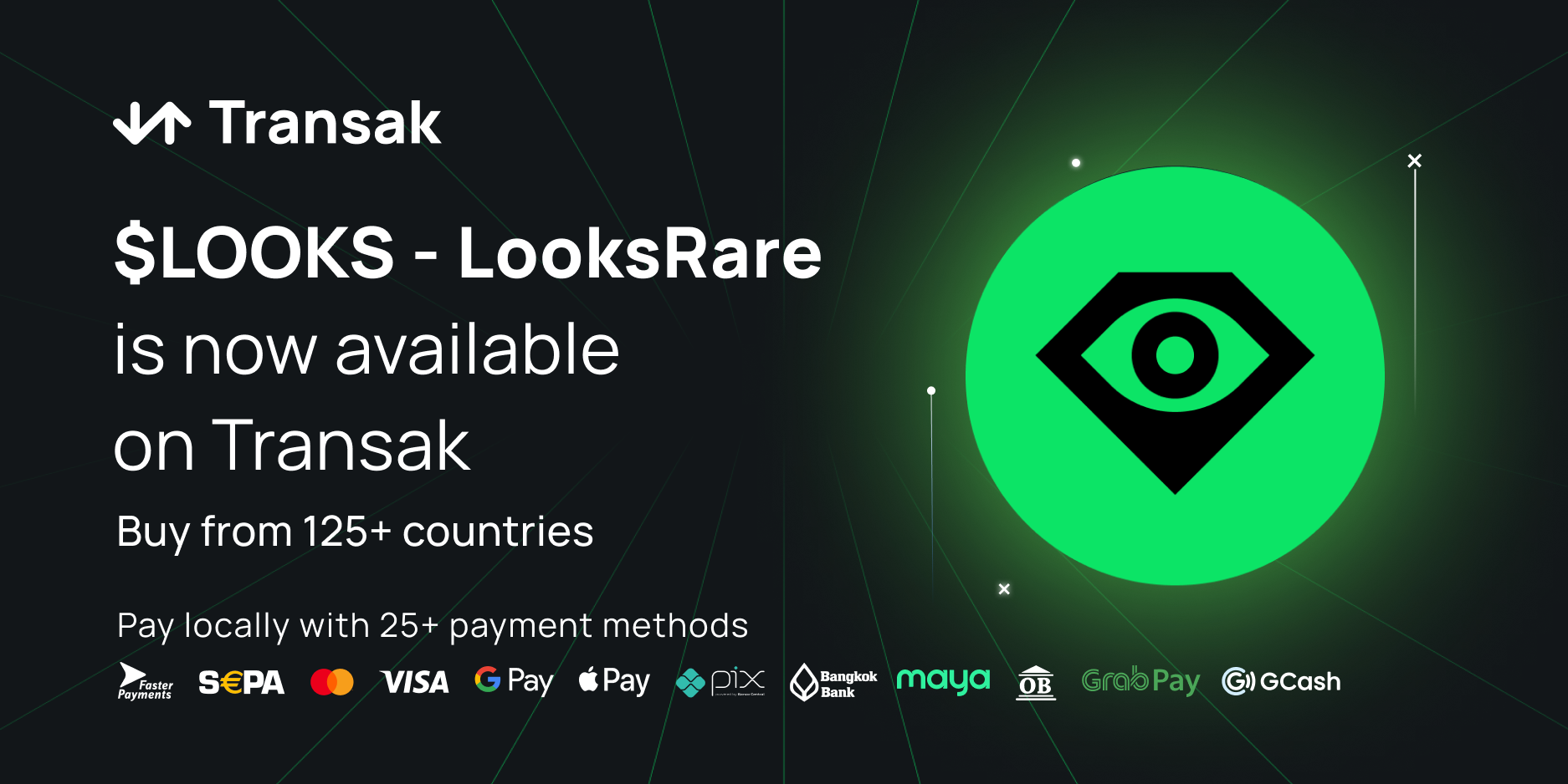 Buy $LOOKS - LooksRare via Transak and Pay with Bank Transak, Debit/Credit Card or via Apple or Google Pay