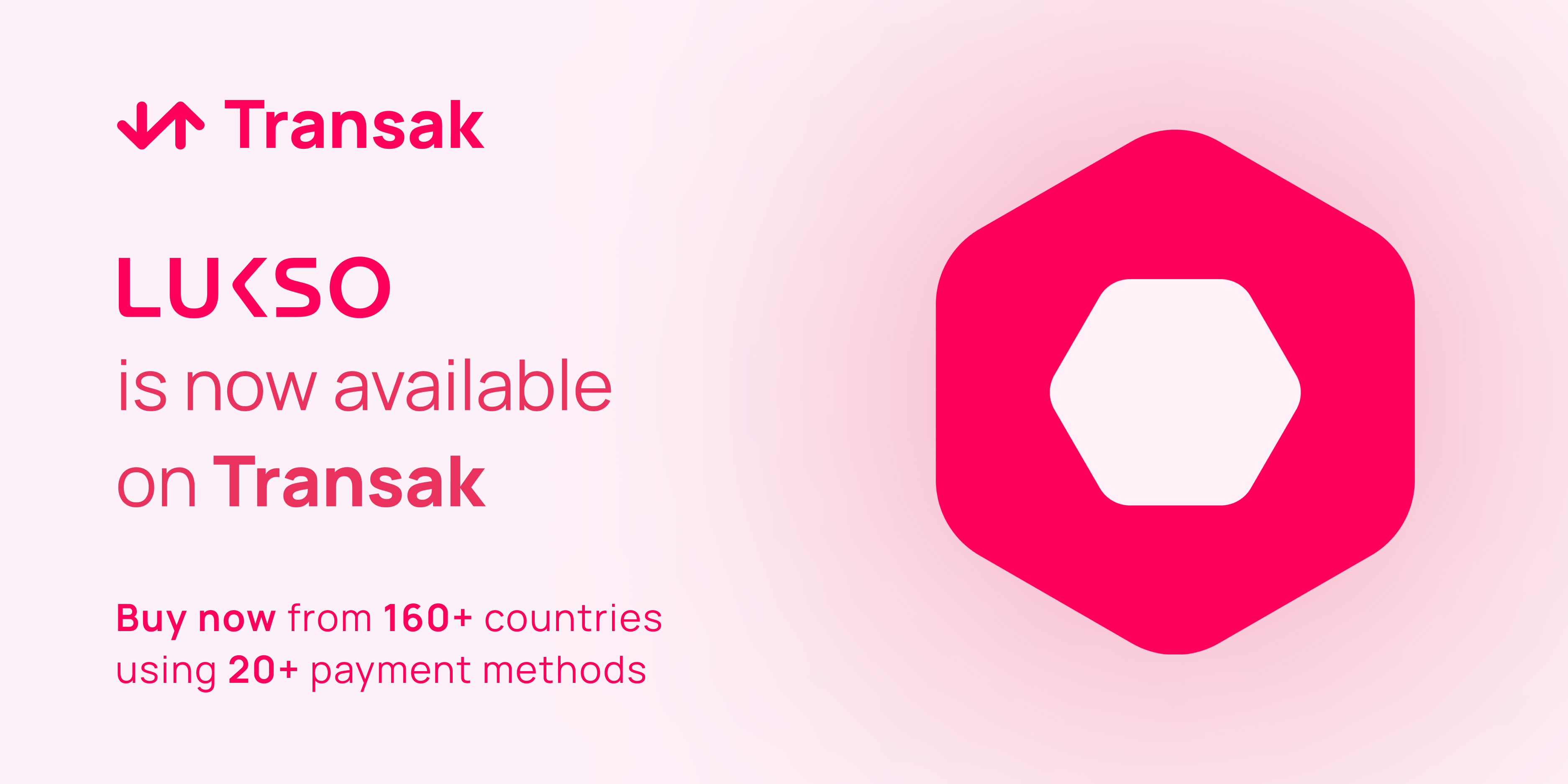 Transak and LUKSO partnership announcement: A graphic showing the Transak and LUKSO logos side by side, symbolizing their strategic collaboration to revolutionize the creative economies in the blockchain world.