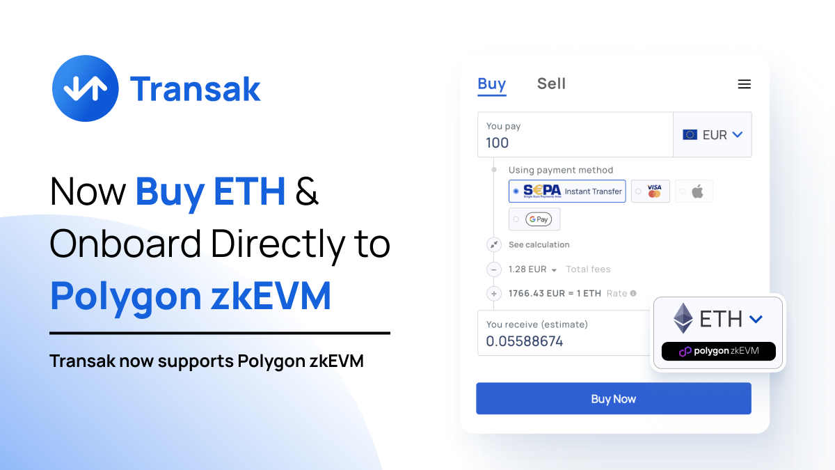 Using Transak, users will be able to onboard directly to Polygon zkEVM from 150+ countries by paying with cards, or simple bank transfers.